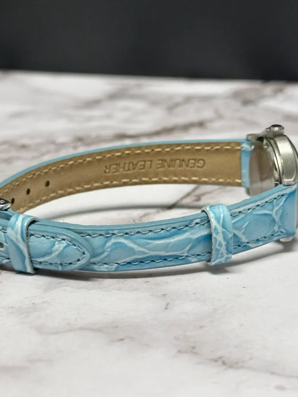 Belair Watch Women Silver Tone Round Dial Blue Leather Band New Battery 8.5 Inch